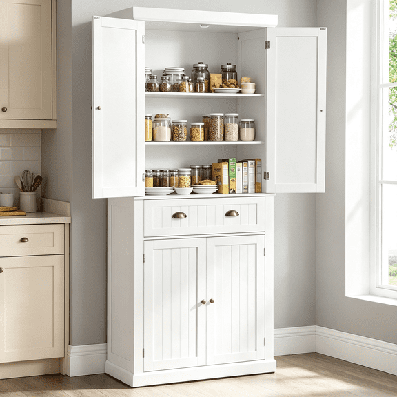 HHHOOW Wooden Storage Cabinet, Freestanding Pantry Cupboard , Tall Farmhouse Kitchen Pantry for Dining Room, Living Room, White