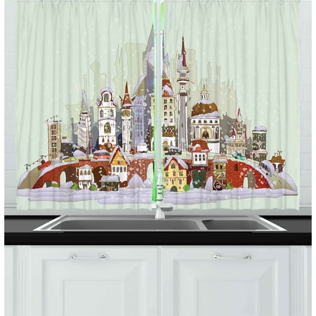 City Rooms Leicester Christmas Christmas Curtains 2 Panels Set, Noel in the City Xmas Background Yule Holiday Traditional Winter Scenery, Window Drapes for Living Room Bedroom, 55W X 39L Inches, Pale Green Lavander, by Ambesonne ()