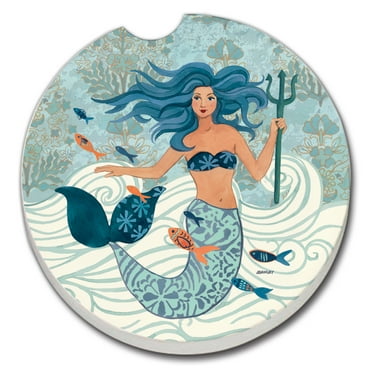 Absorbent Stoneware Car Coaster, Mermaid Island, Set of 2