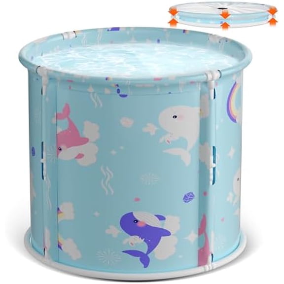 Portable Bathtub, Foldable Bathtub for Kids, Boys and Girls, Therapy Tub for Shower Stall Bathroom Fold Up Japanese Soaking Hot SPA Bath Tub, Outside Ice Bath 21.65''x23.62''(Ocean World Blue)$$