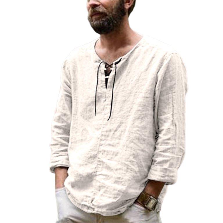 Mens Long Sleeve Pullover Shirts Casual Cotton Linen V Neck Tees