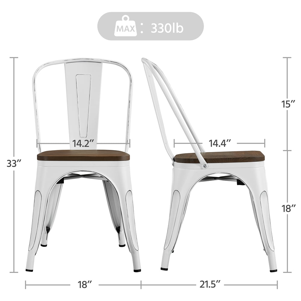 Alden Design Metal Stackable Dining Chairs with Wooden Seat, Set of 4, White