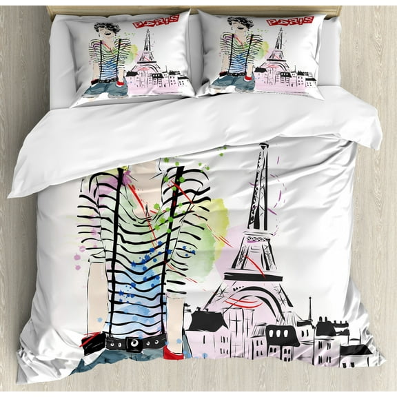 Fashion House Decor King Size Duvet Cover Set, Sketch of Fancy Laughing Girl in front of Eiffel Tower Happiness Stain, Decorative 3 Piece Bedding Set with 2 Pillow Shams, Black White, by Ambesonne