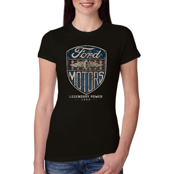 Wild Bobby, 1983 Vintage Distressed Ford Motors Legendary Power Cars and Trucks Womens Slim Fit Junior Tee, Black, Small