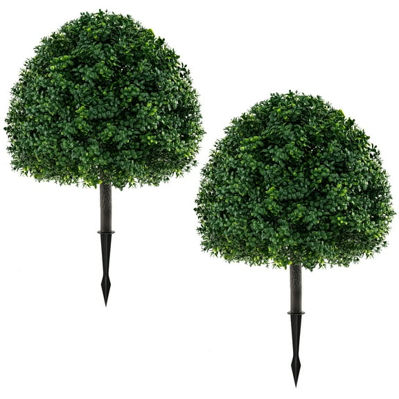 Gymax 2PCS 28'' Artificial Boxwood Topiary Ball Tree Set w/Ground Spike Sun-Protective