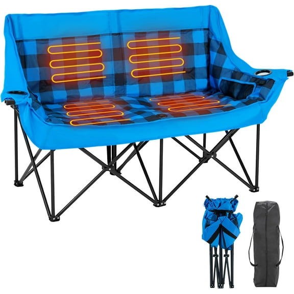 Oversized Heated Double Camping Chair, Folding 2 Person Camping Chair Loveseat, Fully Padded Duo Chair Camping Couch, Fold Up Double Camp Chair, Lawn Chairs, Camping Bench with Carrying Bag