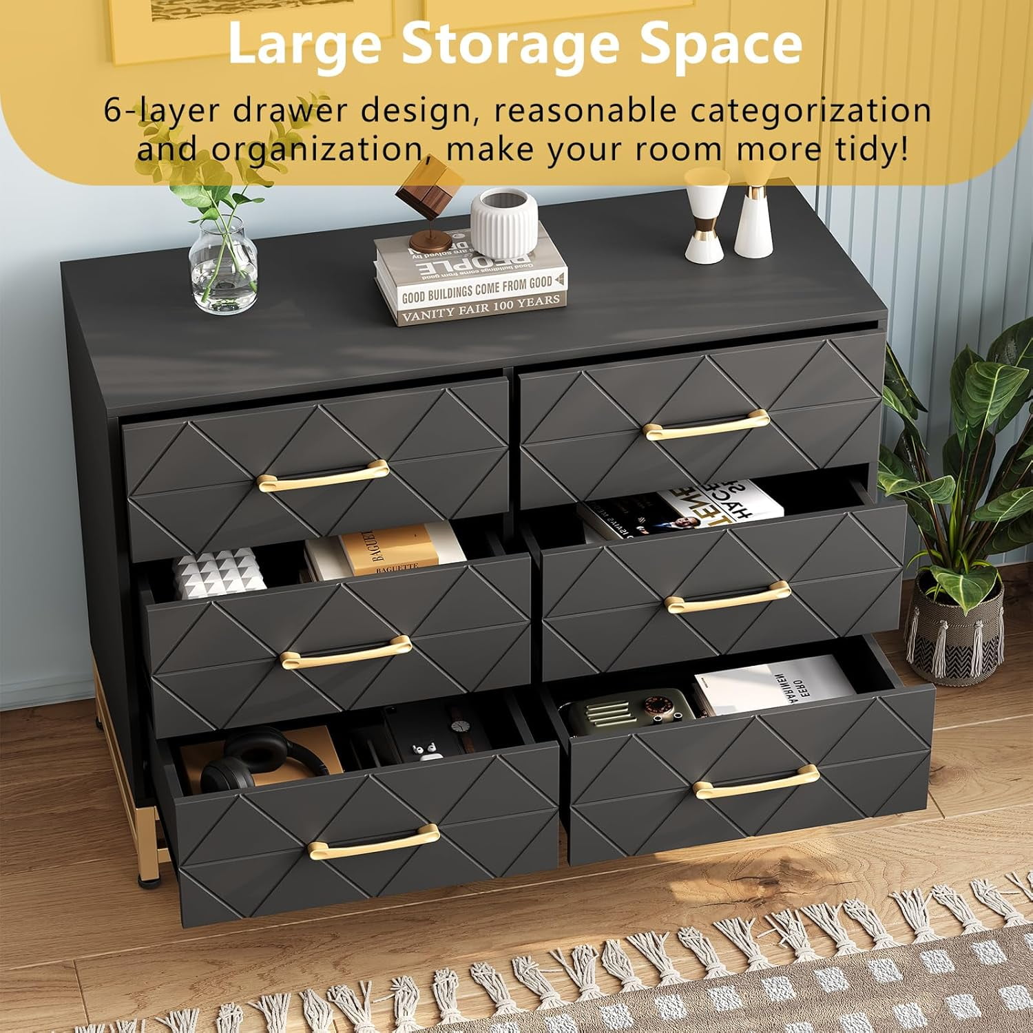 Twister.CK 6 Drawers Double Dresser for Bedroom, Chest of Drawers for Living Room Hallway Entryway, Black