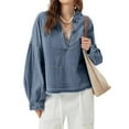 thumbnail image 2 of Lovskoo Womens Denim Tops Pullover Trendy Casual V Neck Loose Fit Puff Sleeve Jean Cotton Shirts Blue, 2 of 9