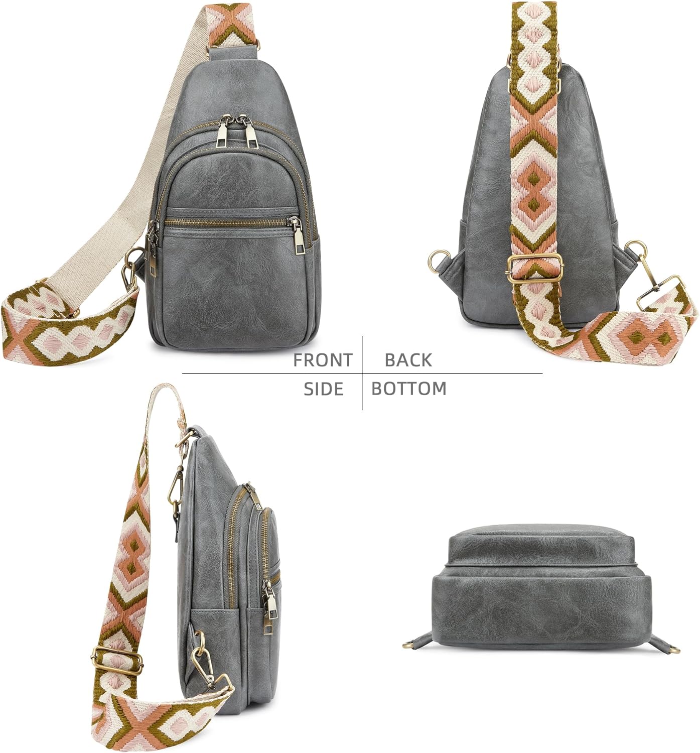 Women's Vegan Leather Sling Bag Packs Small Zipper Crossbody Chest Backpacks