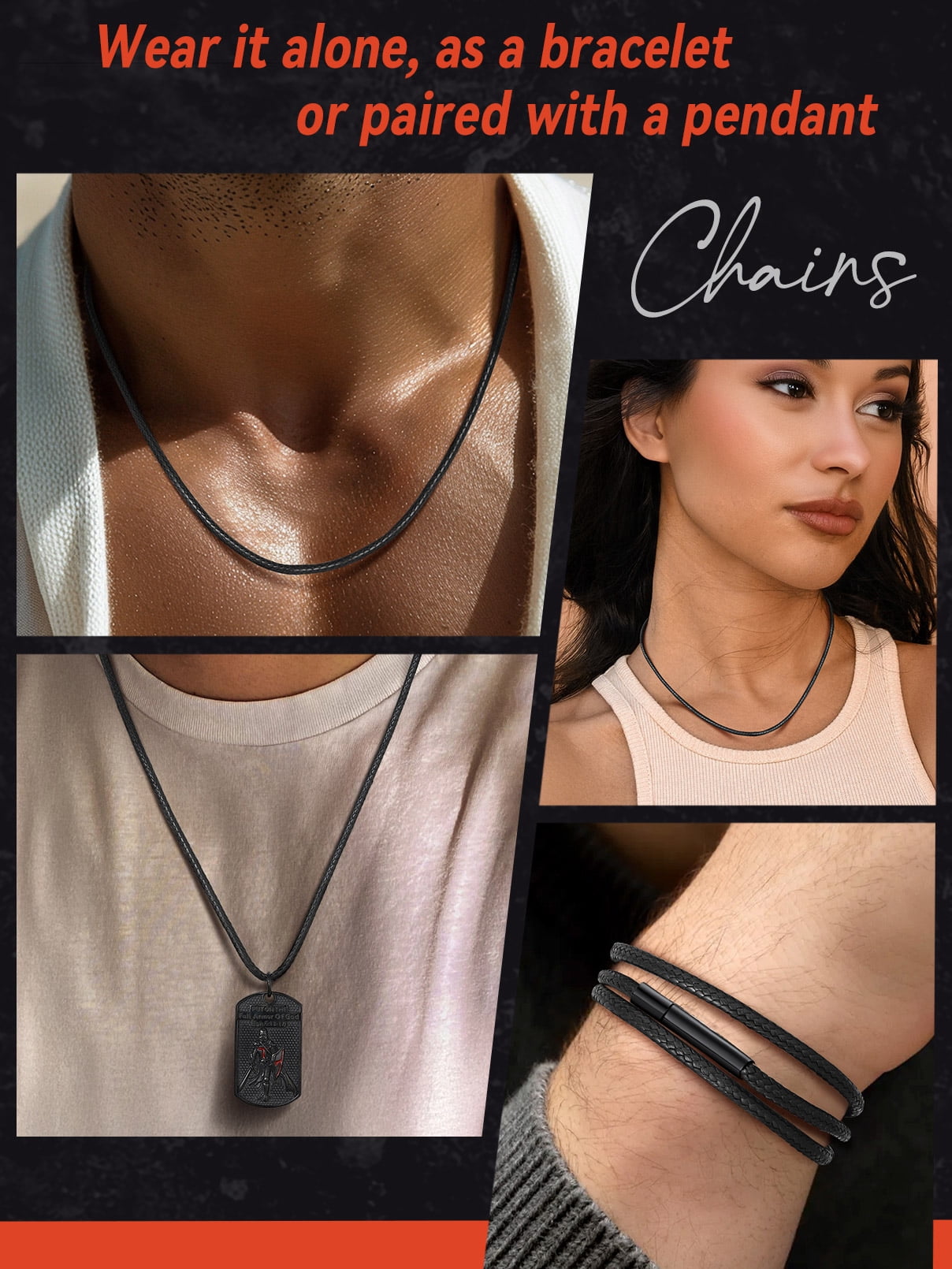 FaithHeart Braided Leather Cord Necklace for Men Women Stainless Steel Black Snap Clasp, 3MM Waterproof Black Woven Wax Rope Chain for Pendant Jewelry Gift for Boyfriend Valentine's Day