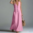 thumbnail image 6 of Kilaqueen Summer Maxi Dresses for Women Cotton Linen V Neck Sleeveless Beach Sundress Button Casual Loose Tank Dress with Pockets, 6 of 7