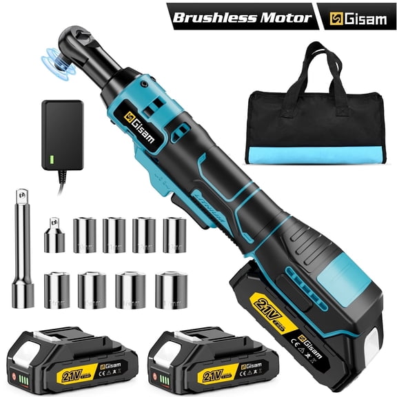 Gisam 3/8'' Cordless Ratchet Wrench with Brushless Motor, 74Ft-Lbs (100N.m) Electric Ratchet with 2 x 2.0Ah Battery, Chargeable Power Ratchet Driver Set with 8 Sockets,1/4" Adaptor, 3" Extension Bar