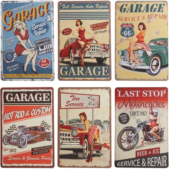 6pcs Vintage Metal Tin Sign Set - Funny Garage & Motorcycle Wall Art Decor, Retro Iron Posters for Man Cave, Bar, Office, Living Room (12x8 Inch)