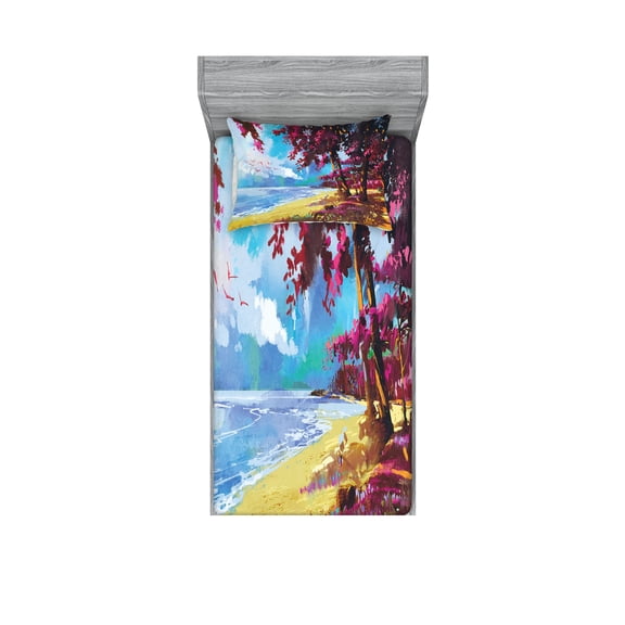 Ambesonne Floral Fitted Sheet & Pillow Sham Set, Summer Blossom Trees, Twin, Blue Pink Cream