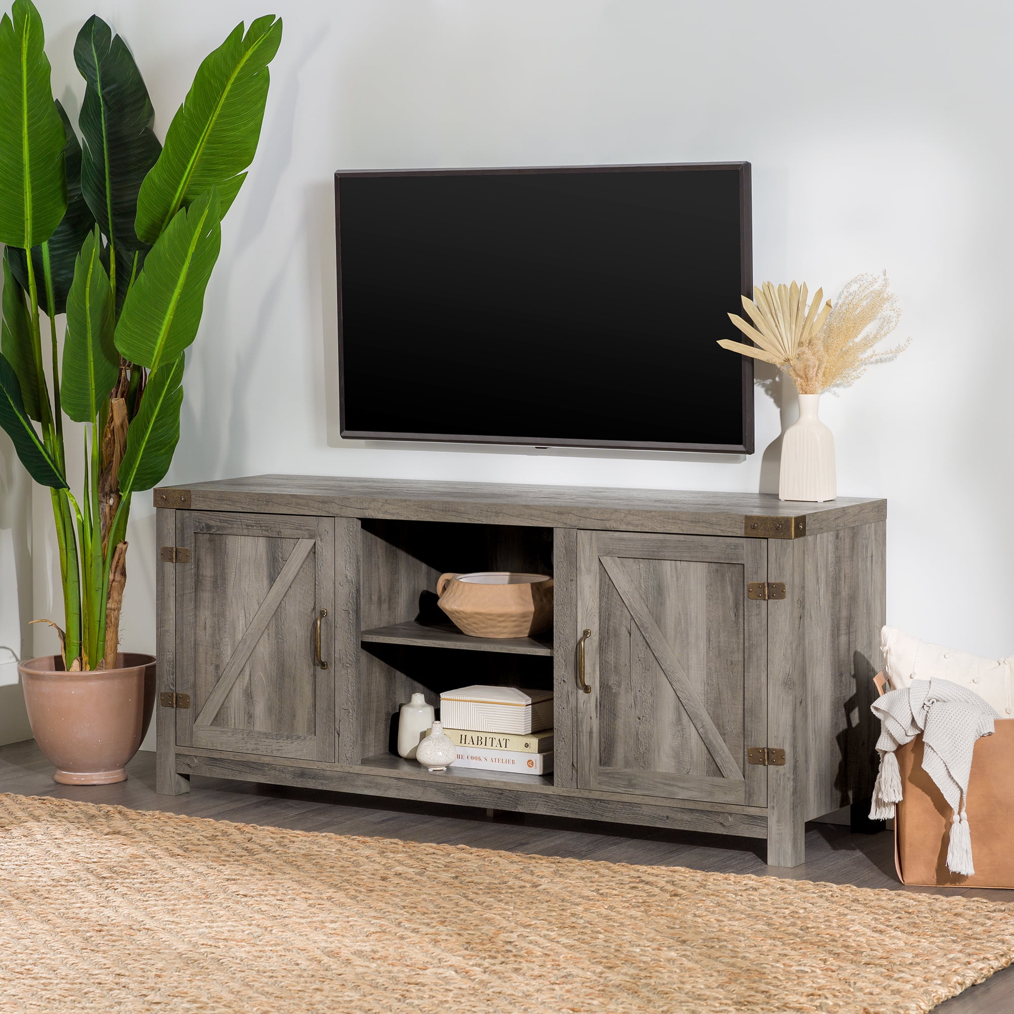 Woven Paths Modern Farmhouse Barn Door TV Stand for TVs up to 65″, Grey