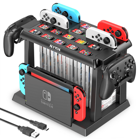 KYTOK Switch Games Storage Organizer Station with Controller Charger, for Nintendo Switch & OLED Joy-Cons,Pro Controller, Switch Games Organizer Tower Charging Dock, Accessories Kit Storage