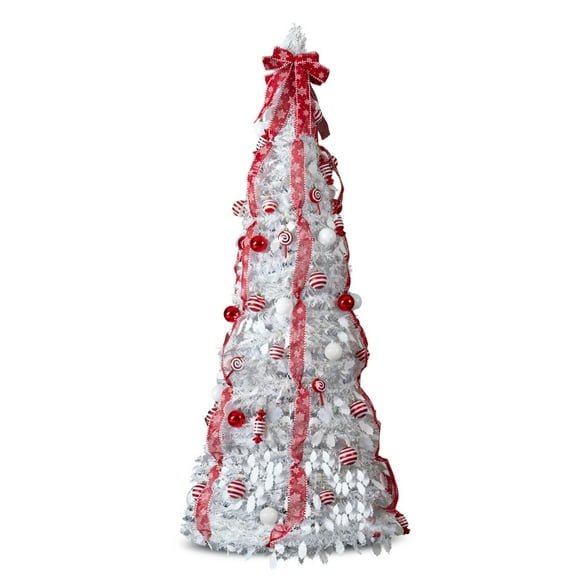 6 FT Fully Decorated Pre-lit Christmas Tree, Pop Up Artificial Xmas Tree with 100 Warm Lights and Red Ornaments for Home Office Store Holiday Deco, White