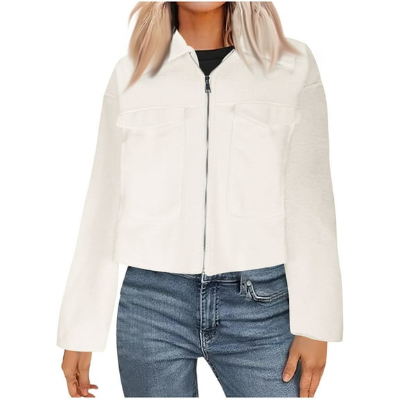 Azrian Clearance Womens Outwear Jackets Tops Women's Winter Solid Color Zipper Jacket Coat Double Pockets Cropped Long Sleeve Top