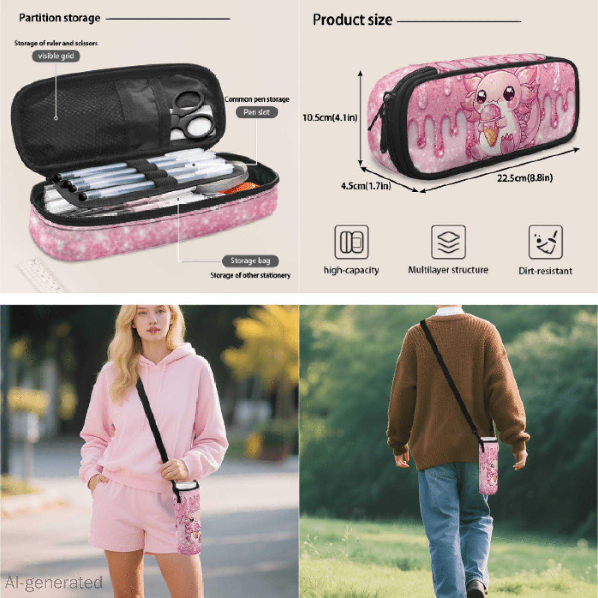 XYZCANDO Pink Glitter Sparkle Pattern 4 Pack Kids Backpack for Students, Lunch Box Tote Pencil Case with Portable Water Bottle Protector Suitable for Back to School