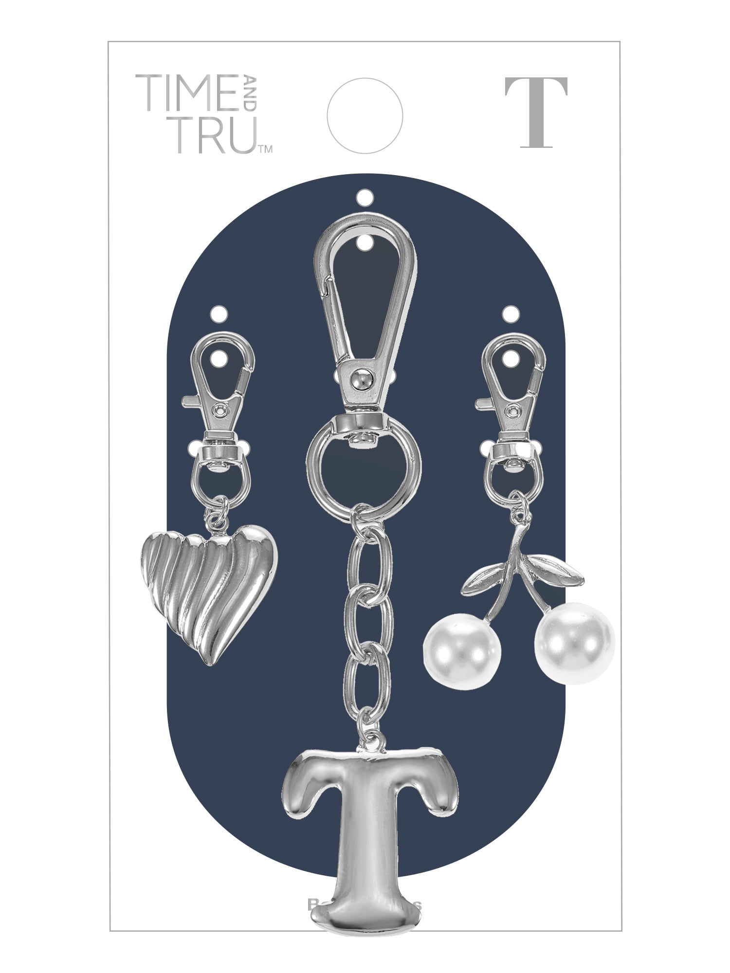 Time and Tru Silvertone Initial Letter Bag Charm Set, 3 Pieces, Letter T