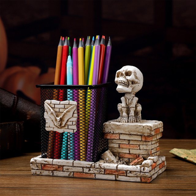 Decoraciones de Halloween, adornos de Halloween, regalos de Halloween, porta bolígrafos de calavera de Halloween, adornos espeluznantes, regalos, artículos de escritorio novedosos, adornos de resina d