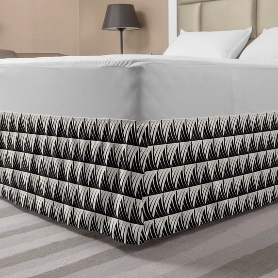 Abstract Bed Skirt, Repeating Stripes with Curved Line Motifs Modern Art Style Tile Design, Elastic Bedskirt Dust Ruffle Wrap Around for Bedding Decor, 4 Sizes, Beige Charcoal Grey, by Ambesonne