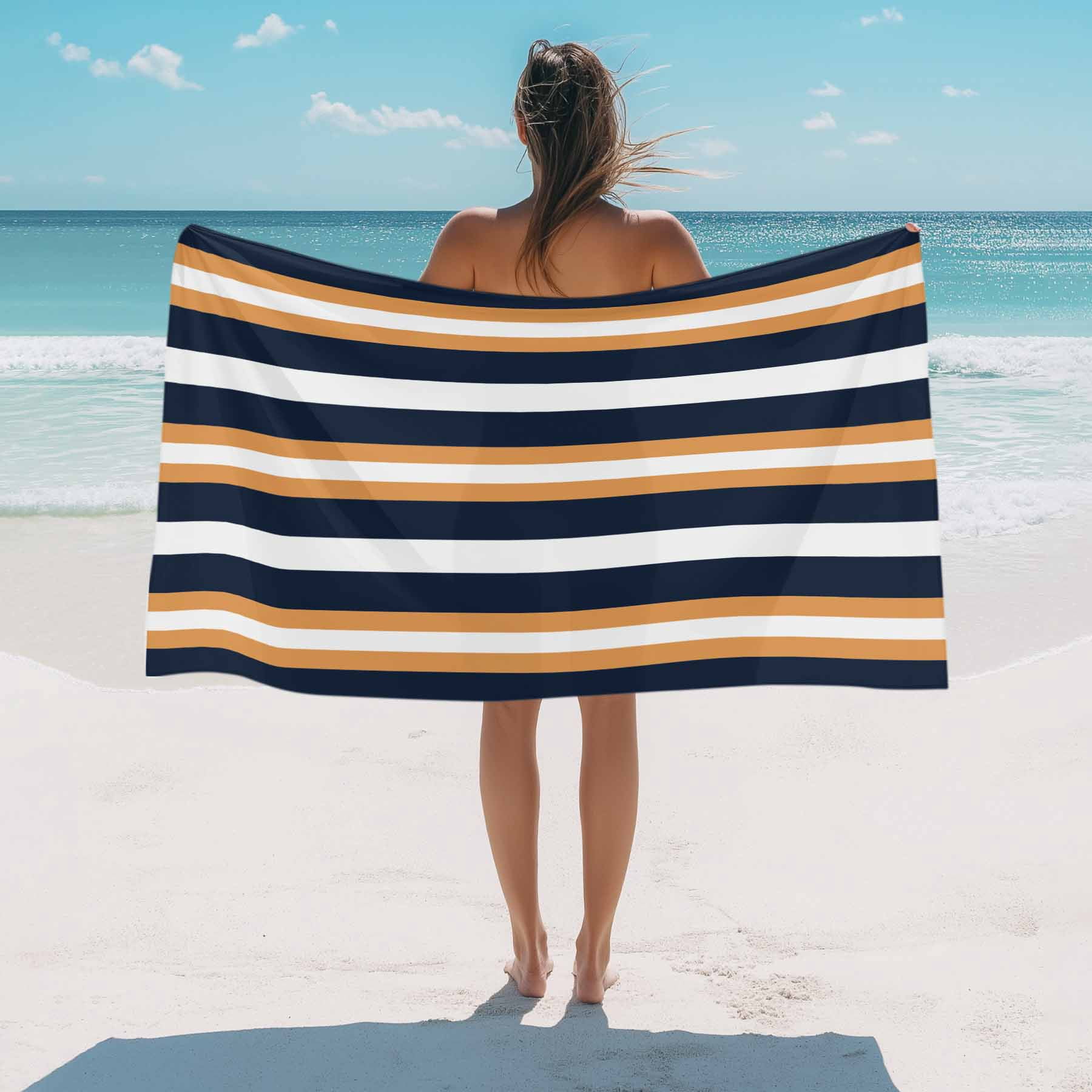 Beach Towel Navy Blue Stripes Bath Pool Towels Orange Striped Absorbent Beach Towel Soft Large Quick Dry Lightweight Camping Travel Sports Yoga Gym Swim Towels for Adult 30x60 Inch
