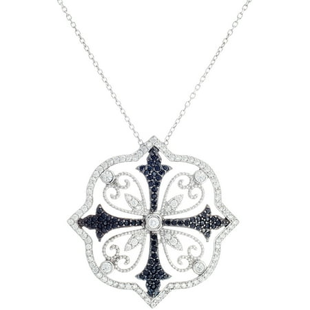 Lesa Michele Black/Clear Cubic Zirconia Two-Tone Sterling Silver Filigree Cross Necklace
