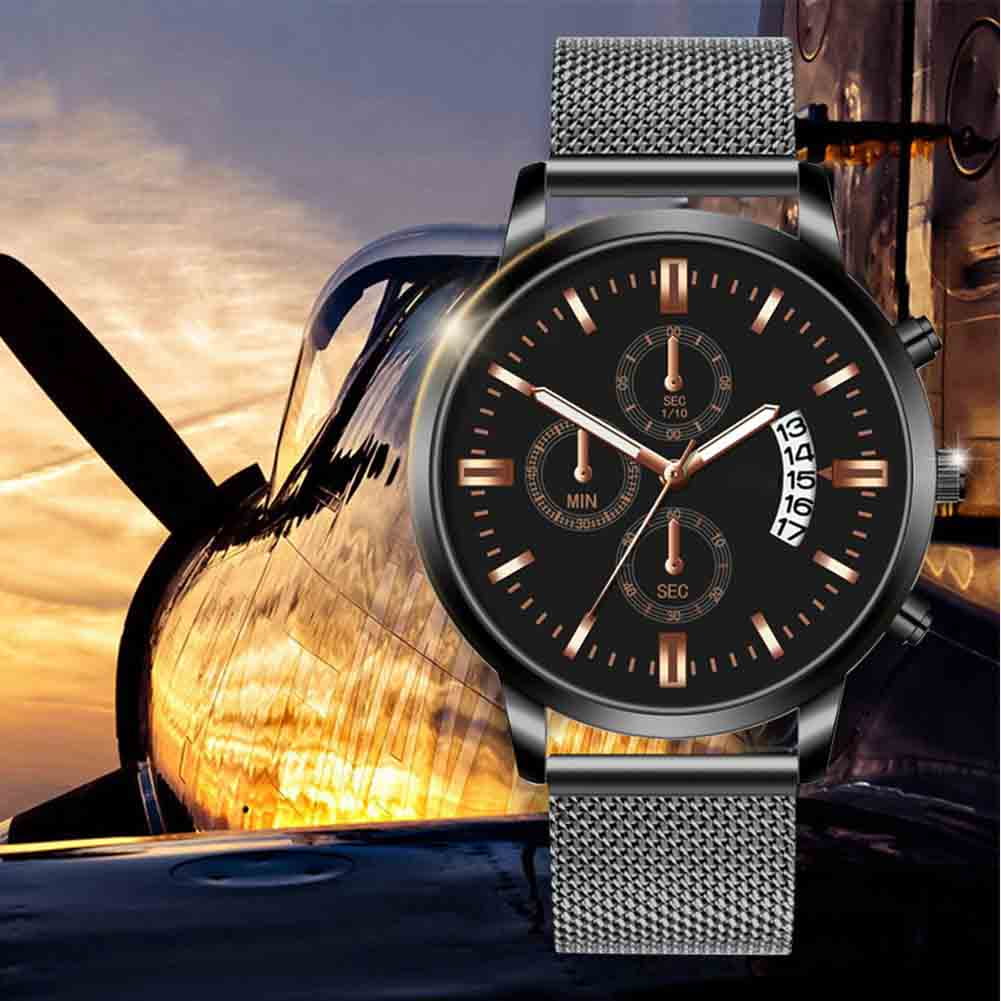 Men Quartz Calendar Watch Round Dial Steel Belt Wristwatch Black Rose Gold