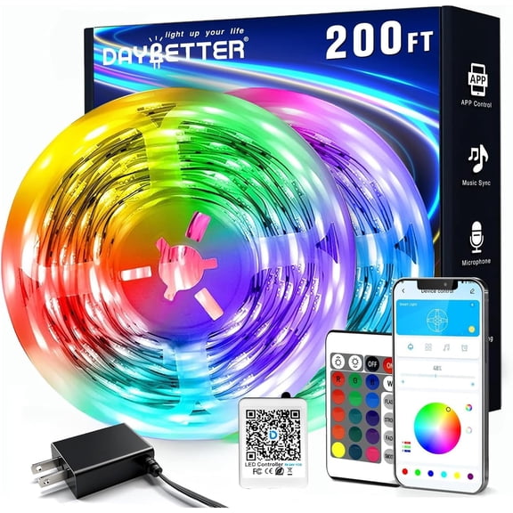 LED Strip Lights 200 ft (2 Rolls of 100 ft), Smart App Control Lighting Bedroom Rome Decor with Remote, RGB Music Sync Color Changing LED Lights for Party