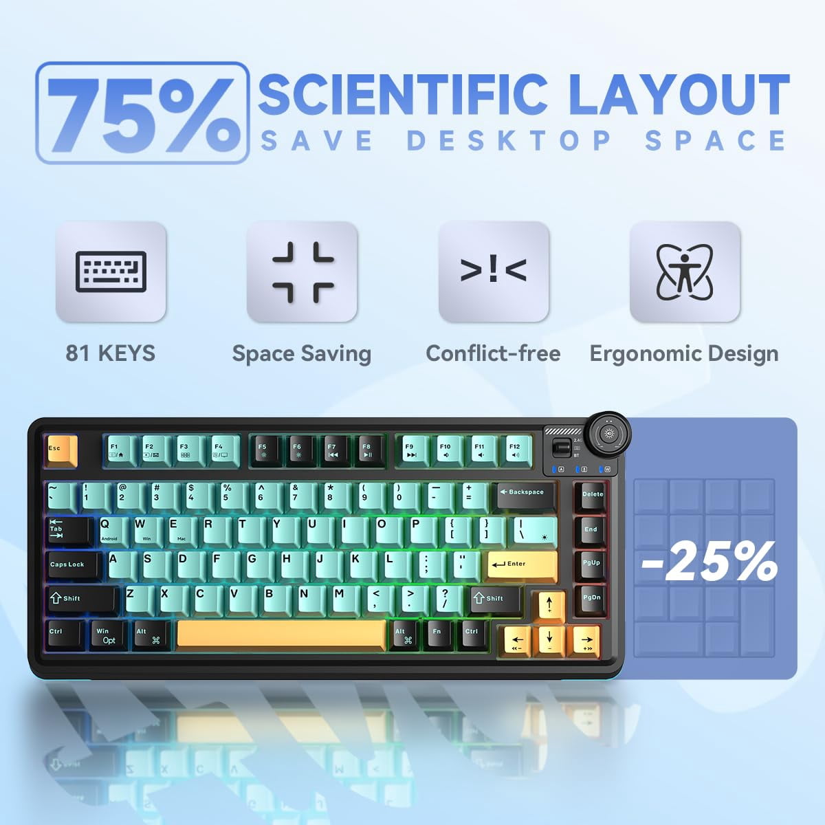 Aula AU75 Wireless Mechanical Keyboard, Hot Swap Gasket Gaming Keyboard with Knob, 4000mAh, 75% Five-Layer Padding PBT Keycaps, Orange
