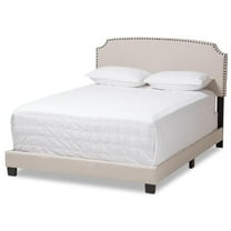 Bowery Hill Nailhead Upholstered Queen Bed in Light Beige