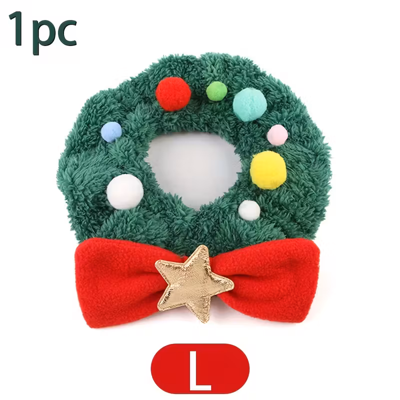 Christmas Wreath Pet Collar with Bow and Star Decoration, Festive Holiday Neck Accessory for Cats and Small Dogs