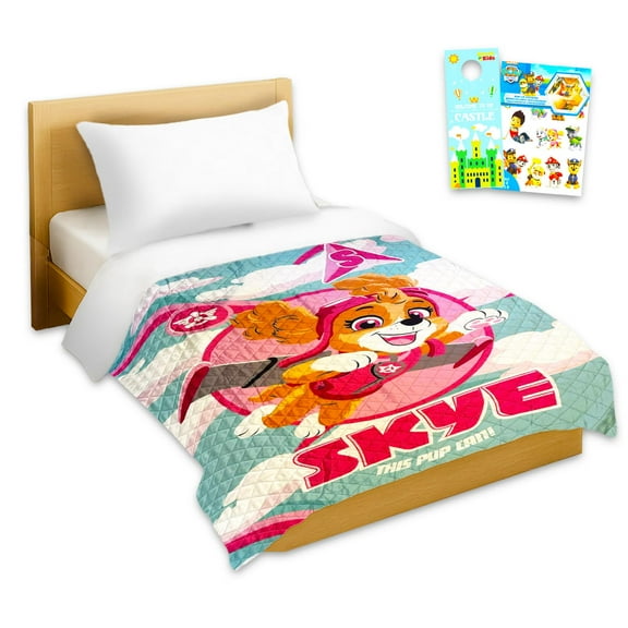 Paw Patrol Bedspread Twin Set - Bundle with Skye Quilted Bedspread for Twin Bed, Stickers, More | Paw Patrol Room Decor Bedding Set for Boys, Girls
