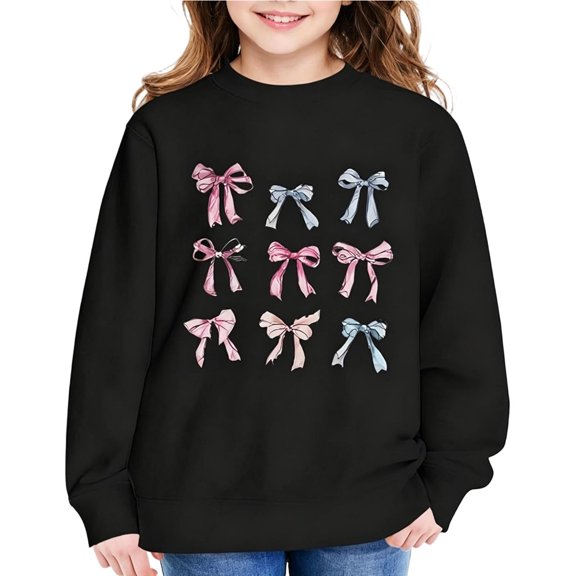 Xdegoge Cute Sweatshirts Girls Long Sleeve Crewneck Casual Graphic Cotton Tops with Bow Print Fall Winter Fashion School Trendy Clothes