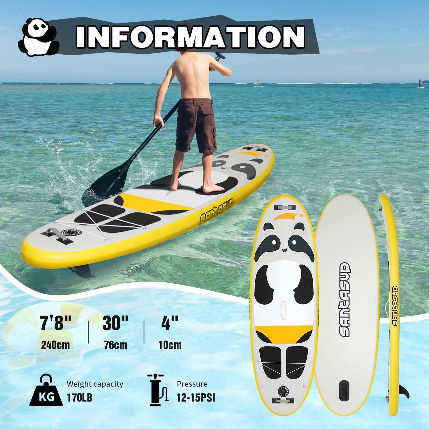 Santasup Kids Stand Up Paddle Board, 8ft Black Panda with Paddle Board Accessories for Kids, Inflatable Paddleboard Durable, Stable Design, Wide Non-Slip Deck, Hand Pump for Youth & Kids