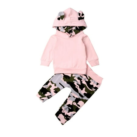 

2PCS Baby Girls Autumn Outfits Long Sleeve Hooded Jumper Top and Camo Pant Set Set