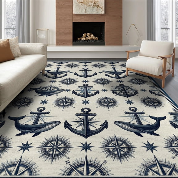 ODIKA 8'x10' Washable Area Rug And Whale Motif With Vintage Compass Accents Nautical Anchor Refined Structured for Dining Room, Large Office, Lounge, Non-Slip Chair-Friendly Mat