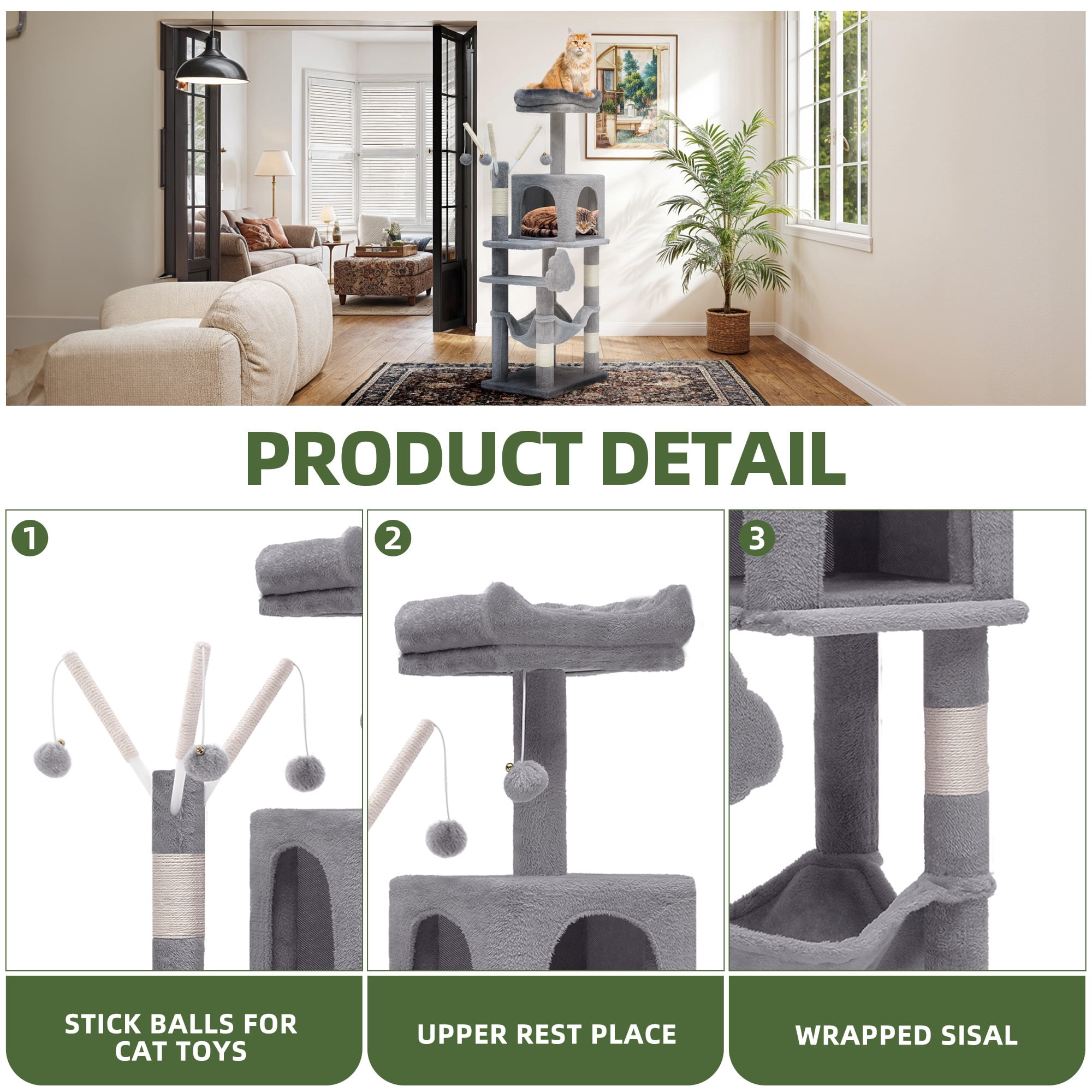 Uforic 44" Cat Tree Tower with Scratch Posts, Condo, Hammock & Toys, Light Gray
