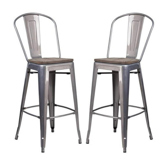 Home Square 30" Metal Bar Stool in Gray and Wood Grain - Set of 2