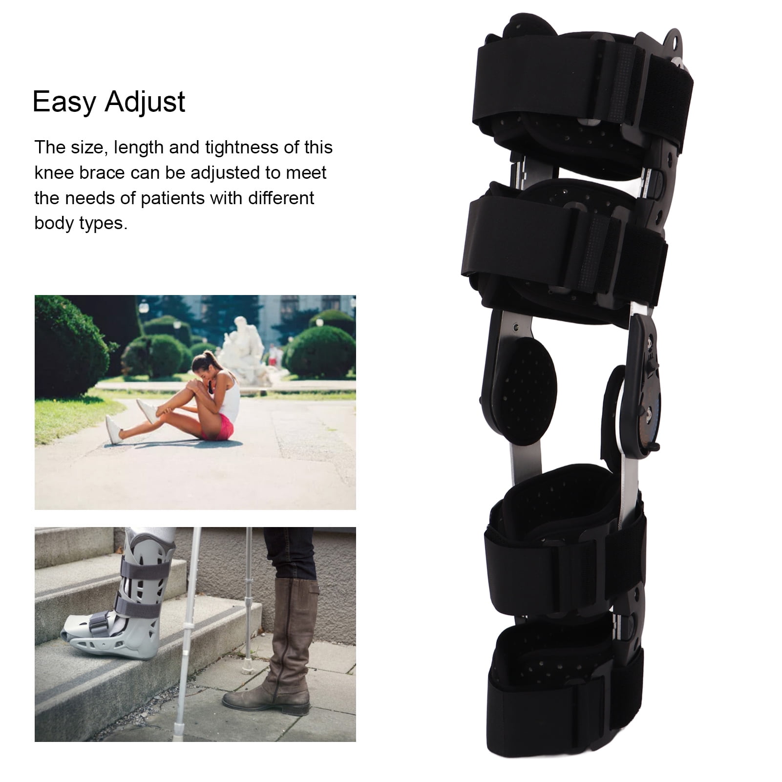 Hinged Knee Support Brace, Adjustable Knee Immobilizer, Sponge Lining Aluminum Alloy Patellar Tendon Strap for Left Right Legs