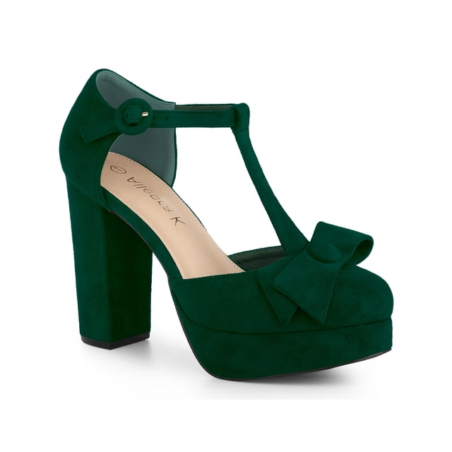 BLISSFUL STEP Women's Shoes Mary Janes Platform Pumps T-Strap Block Heel Round Toe Bow Decor Casual Shoes Green 9