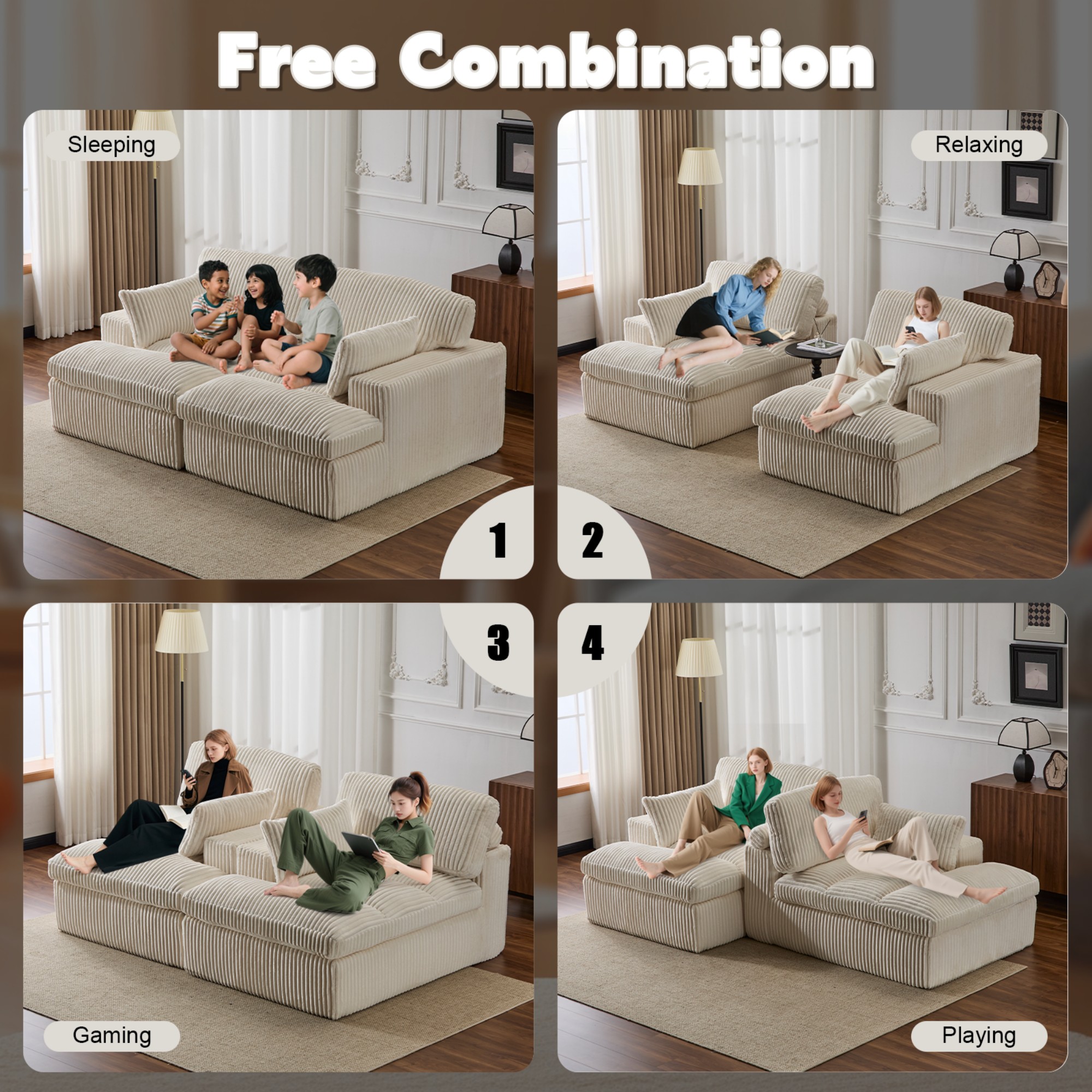 79" Oversized Sleeper Sofa Bed,Upholstered Sectional Sleeper Sofa Bed,Corduroy Sofa Bed Reading Chair for Living Room,White
