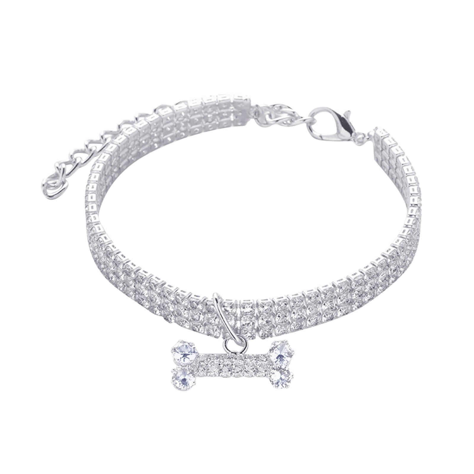Dog Collar Charm Personalized Dog Three Rows Rhinestone Bone Necklace