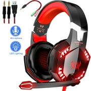 Red Stereo Gaming Headset for PS4, PC, Xbox One Controller, Noise Cancelling Over Ear Headphones with Mic, LED Light, Bass Surround, Soft Memory Earmuffs for Laptop Mac Nintendo Switch Games