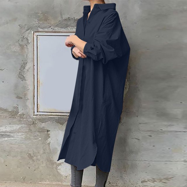Robe d'Été Bohème Mode Femme Col Rabattu Manches Longues Ample Mi-Mollet Robe Longue Manches Longues en Liquidation