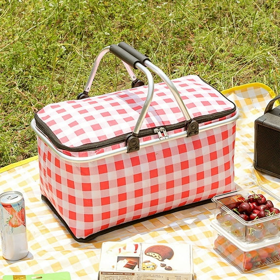 Tyidzon Large Insulated Picnic Basket Collapsible Portable Picnic Basket with Aluminium Handle for Travel, Shopping, Camping, Attach with A Foldable Grocery Bag