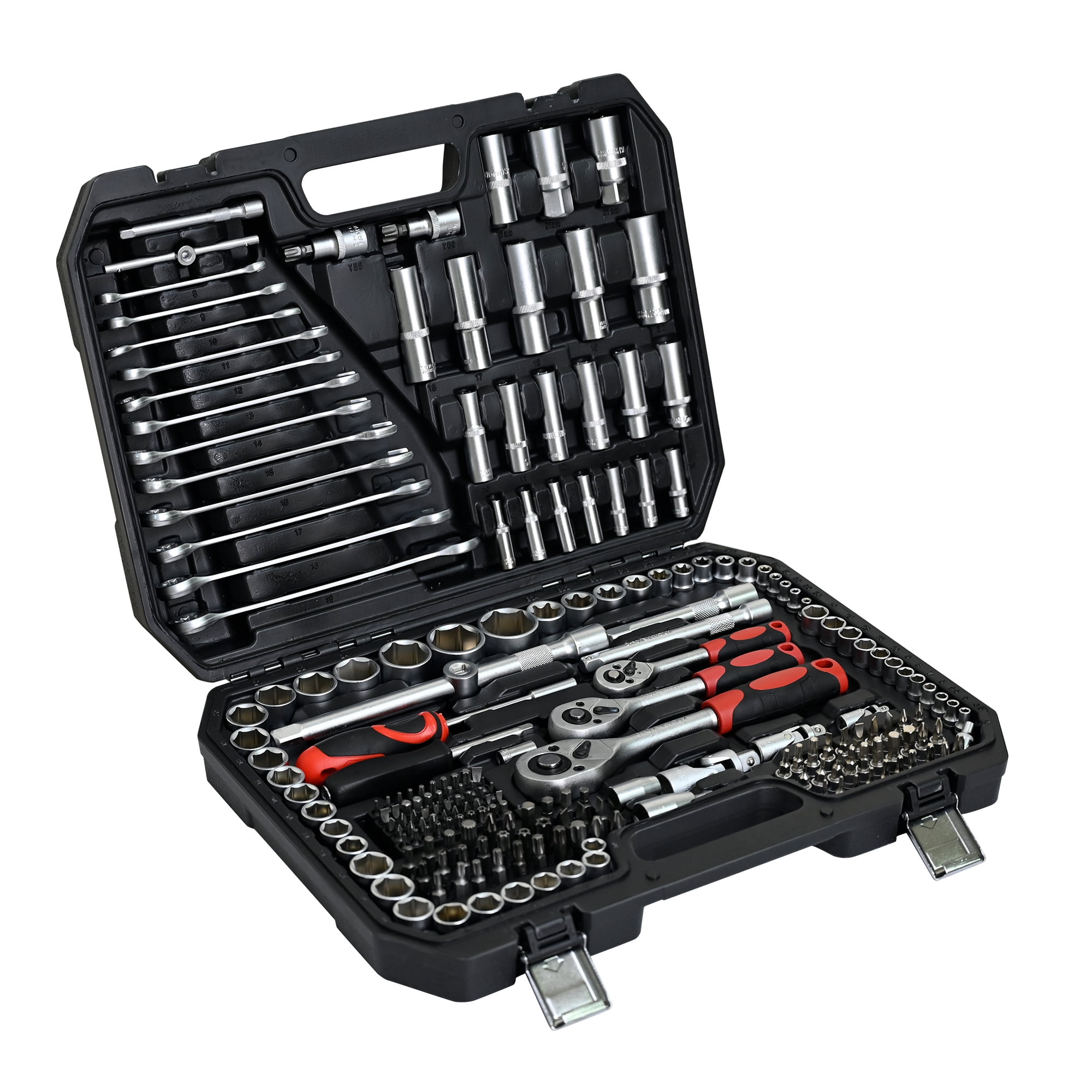 Aukfa 216-Piece Mechanics Tool Set, Socket and Ratchet Wrench, Chrome Finish