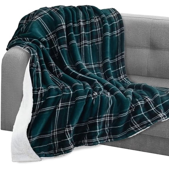 Elegant Comfort Throw Blanket, Reversible Sherpa Flannel, Soft, Fuzzy, Cozy and Plush- All season Lightweight Decorative Throw, 50 x 60 inches, Plaid Design Sherpa Throw, Green