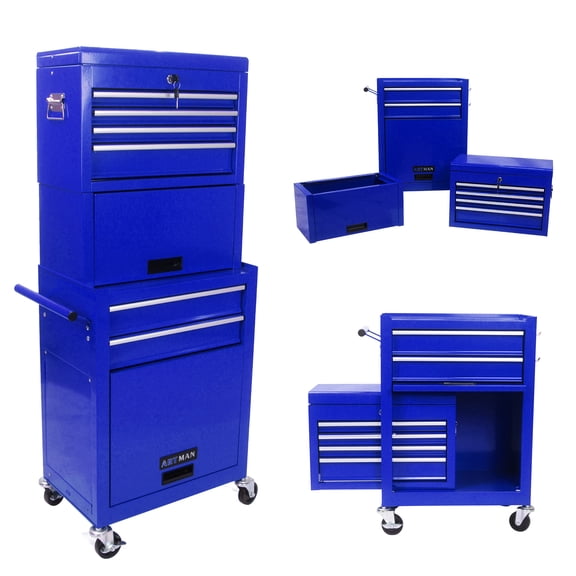 taoruifang 6-Drawer Rolling Tool Chest, 2 in 1 Detachable Lockable Steel Tool Cabinet with 4 Universal Wheels, Heavy Duty Tool Storage Organizer, Blue